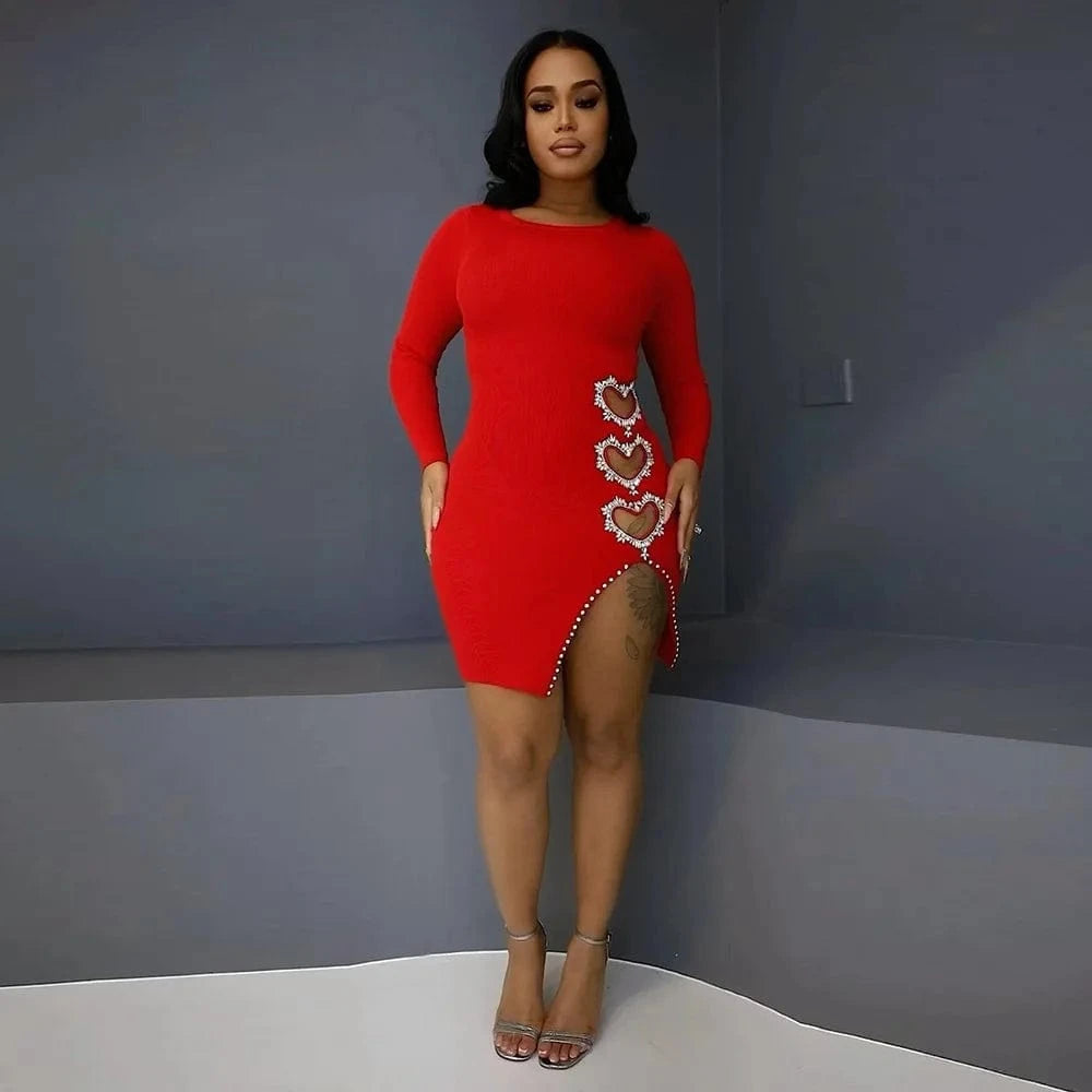 CUTENOVA 24DS010802 Fashion Sexy Diamond O-Neck Long Sleeve Dress Slit Mini Dress Bodycon Club Dresses Valentines Day Gift 2024