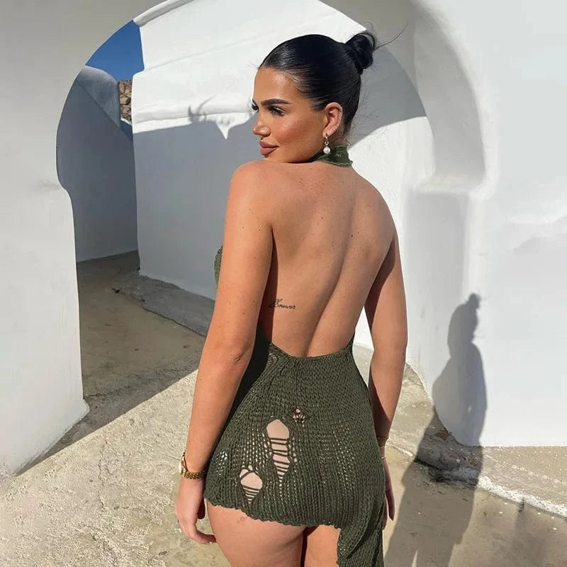CUTENOVA 24DS0109 Sexy 2024 Ripped Hip Halter Irregular Knitted Dresses Women Fashion Bodycon Mini Dress