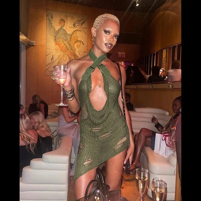 CUTENOVA 24DS0109 Sexy 2024 Ripped Hip Halter Irregular Knitted Dresses Women Fashion Bodycon Mini Dress