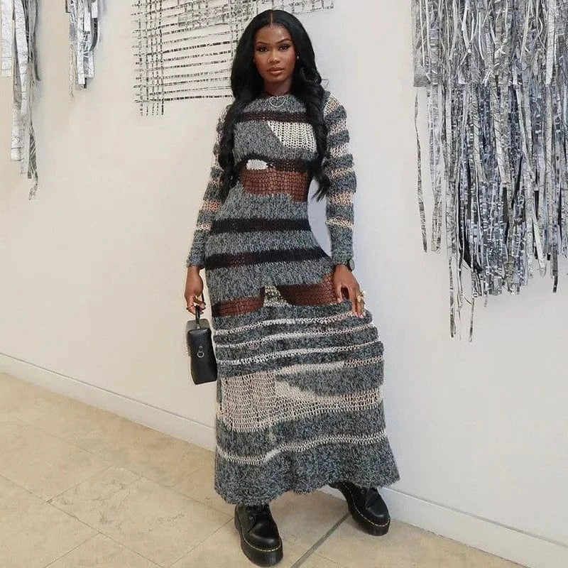 CUTENOVA 24DS010905 Streetwear 2024 Stripes Patchwork Winter Knitted Slim Fit Maxi Dress Dresses Women Sexy