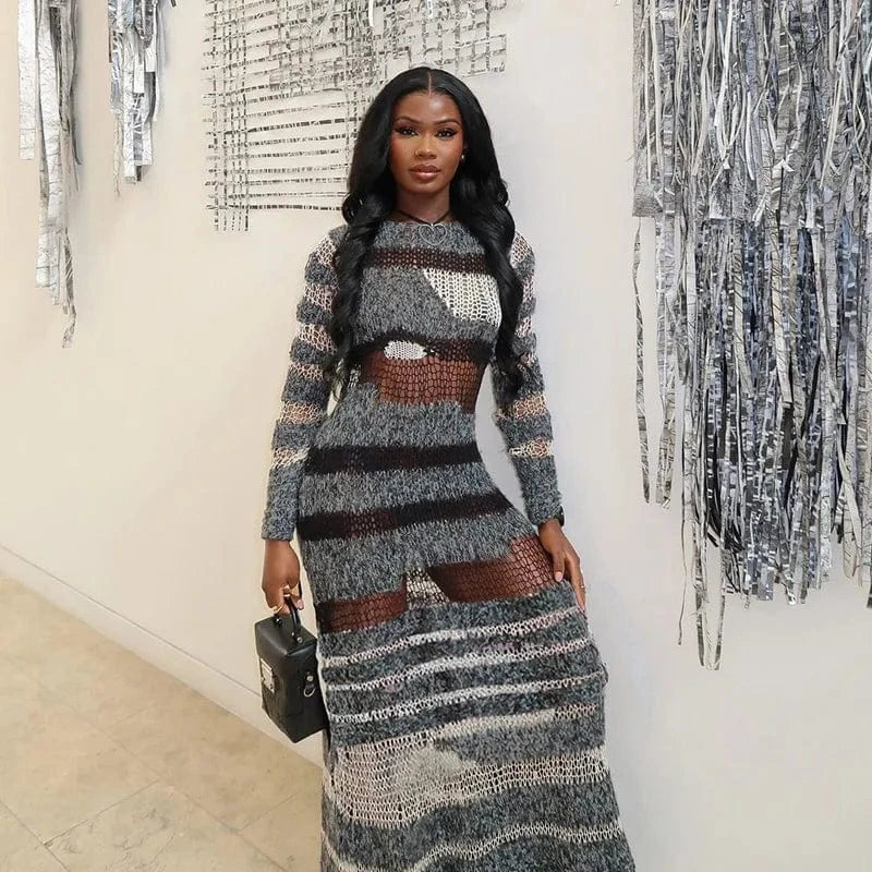 CUTENOVA 24DS010905 Streetwear 2024 Stripes Patchwork Winter Knitted Slim Fit Maxi Dress Dresses Women Sexy