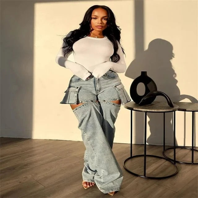 CUTENOVA 24PT010307 Fashion Streetwear Pockets Removable Jean Shorts Cargo Women Denim Wide Leg Pants For Ladies