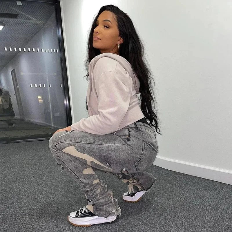 Cutenova 24PT0116 Streetwear 2024 Fashion Ripped Stacked Jeans Packets Casual Denim Pants  For Women