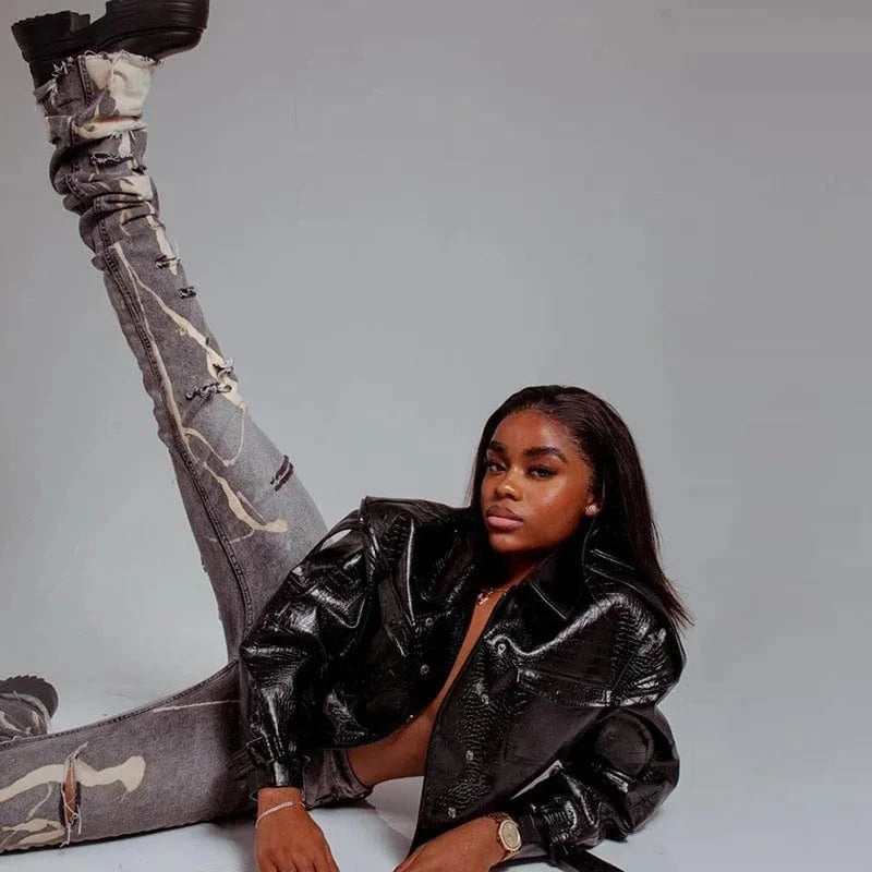 Cutenova 24PT0116 Streetwear 2024 Fashion Ripped Stacked Jeans Packets Casual Denim Pants  For Women