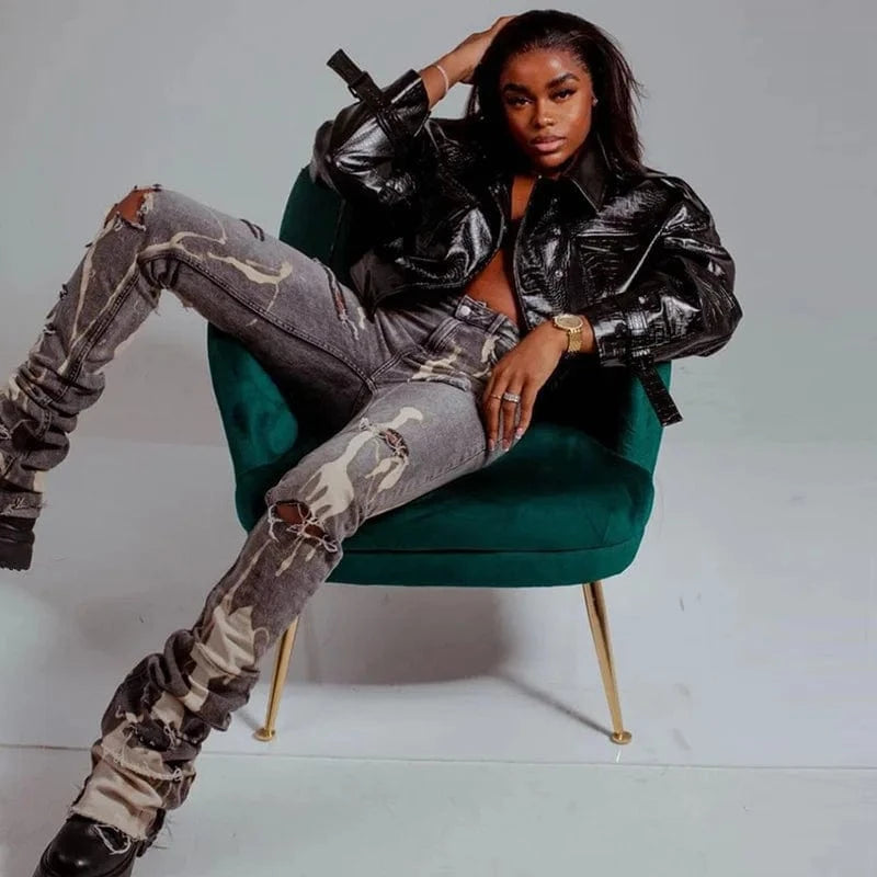 Cutenova 24PT0116 Streetwear 2024 Fashion Ripped Stacked Jeans Packets Casual Denim Pants  For Women