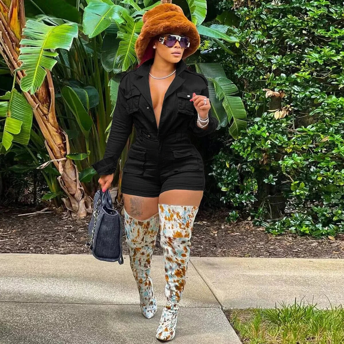 CUTENOVA 24RP10305 New 2024 Fashion Casual Long Sleeve Rompers Jumpsuits Denim Romper Woman  Playsuits