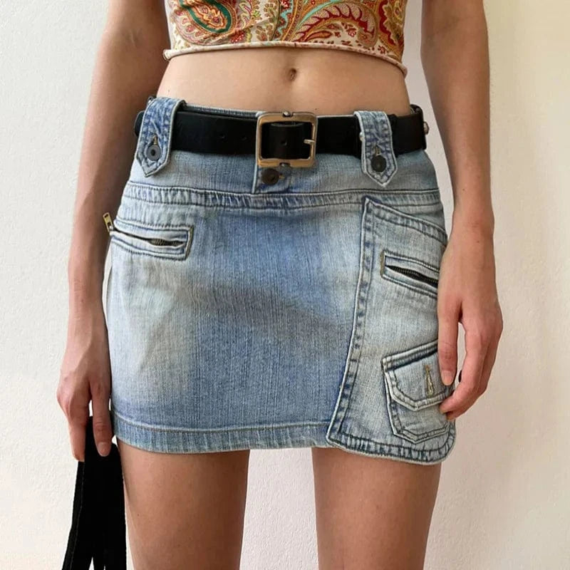 CUTENOVA 24SK010303  New 2024 Trendy Cargo Ladies Patchwork Jeans Skirt  Denim  Mini Skirt Women