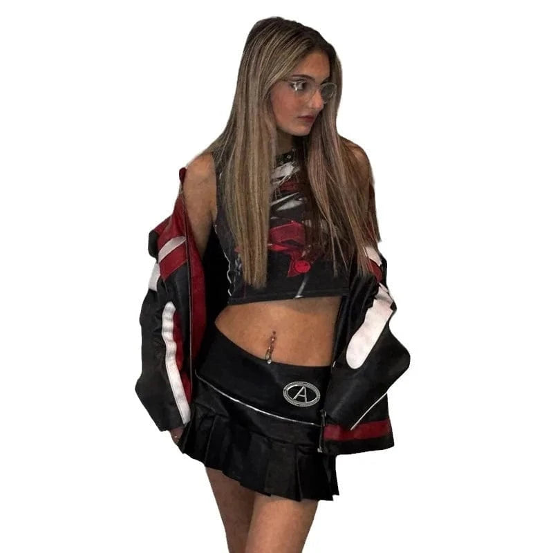 Cutenova 24SK01102  Sexy 2024 Girls Fashion Motorcycle Patchwork Zippers Pleated PU Leather Skirt Mini Skirts For Women