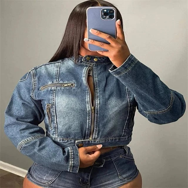 CUTENOVA 24ST0103 New Style Fashion Denim Casual Suits Two Piece Hot Selling Elastic Shorts Denim 2 Piece Set Women