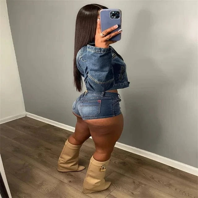 CUTENOVA 24ST0103 New Style Fashion Denim Casual Suits Two Piece Hot Selling Elastic Shorts Denim 2 Piece Set Women