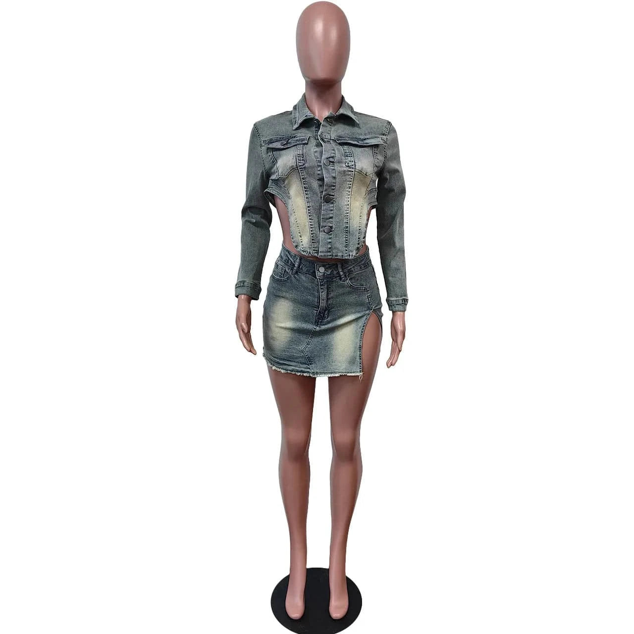 CUTENOVA 24ST0104 Sexy Tendy 2024 Denim Ladies Casual Jeans Clothing Button Two Pieces Skirt Set Women Set with Pockets