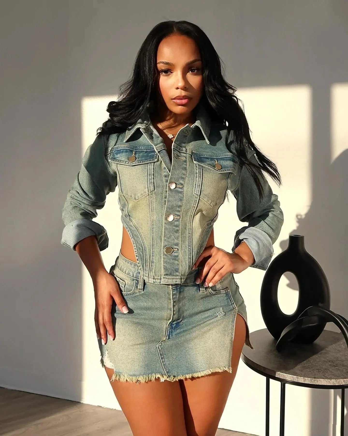 CUTENOVA 24ST0104 Sexy Tendy 2024 Denim Ladies Casual Jeans Clothing Button Two Pieces Skirt Set Women Set with Pockets