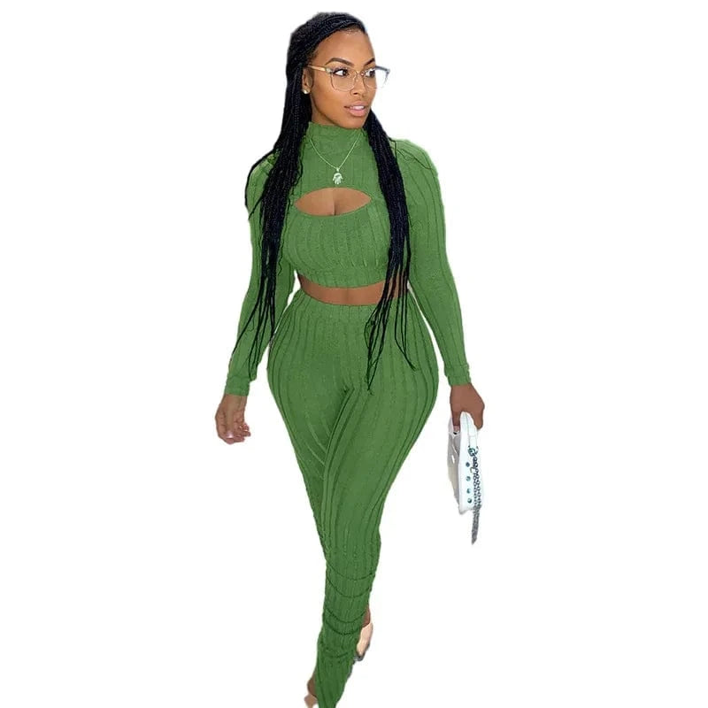 CUTENOVA 24ST0105 Fashion 2024  Sexy Hollow-Out Solid Two Piece Slit Leggings Sets Women's Sets