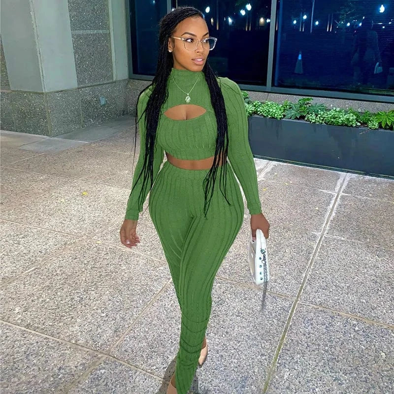 CUTENOVA 24ST0105 Fashion 2024  Sexy Hollow-Out Solid Two Piece Slit Leggings Sets Women's Sets