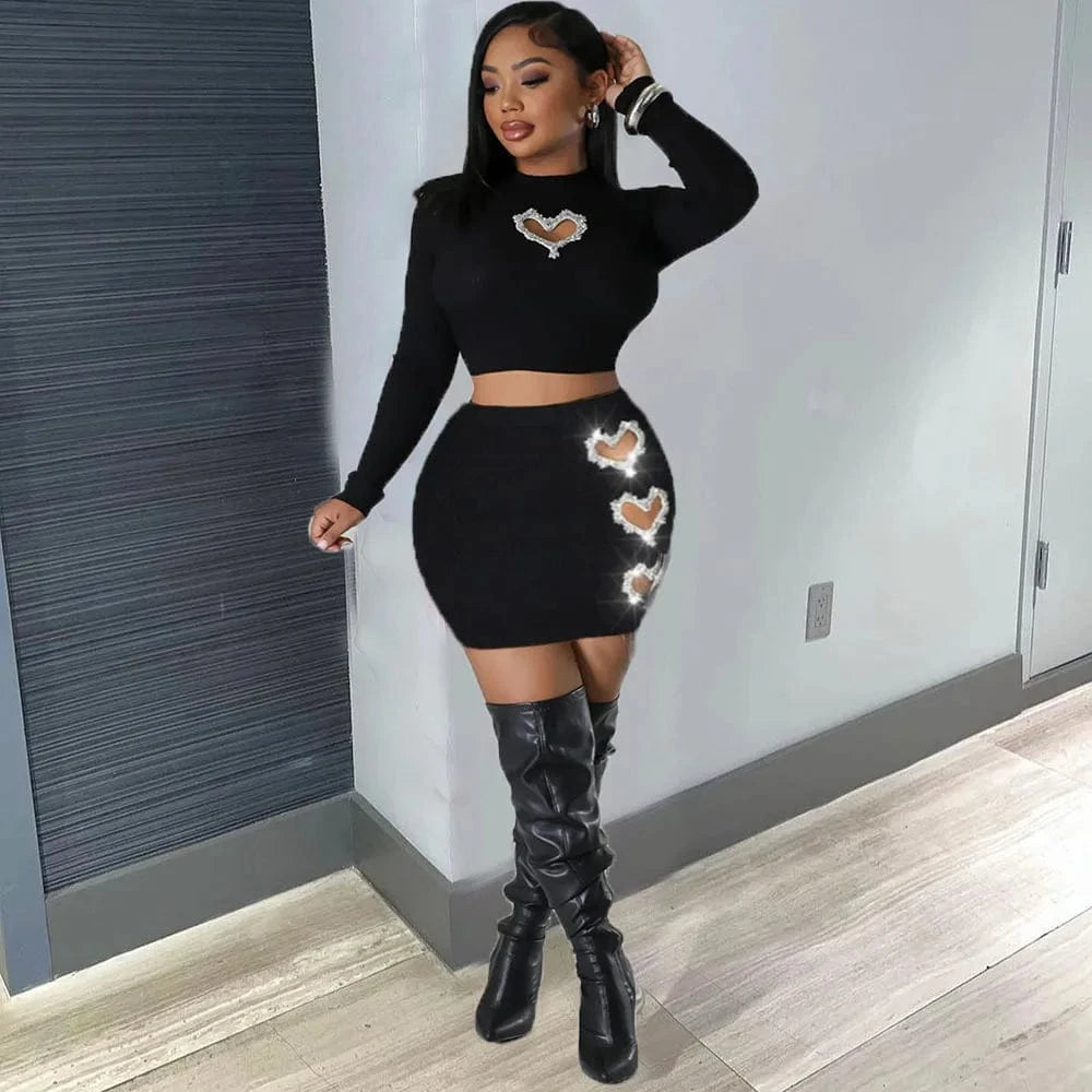 CUTENOVA 24ST010804 Hollow-Out Heart Shape Rhinestone Long Sleeve Crop Top Pencil Skirt Two Piece Skirt Set Women 2024
