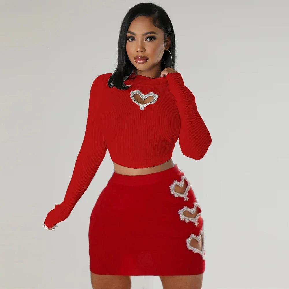 CUTENOVA 24ST010804 Hollow-Out Heart Shape Rhinestone Long Sleeve Crop Top Pencil Skirt Two Piece Skirt Set Women 2024