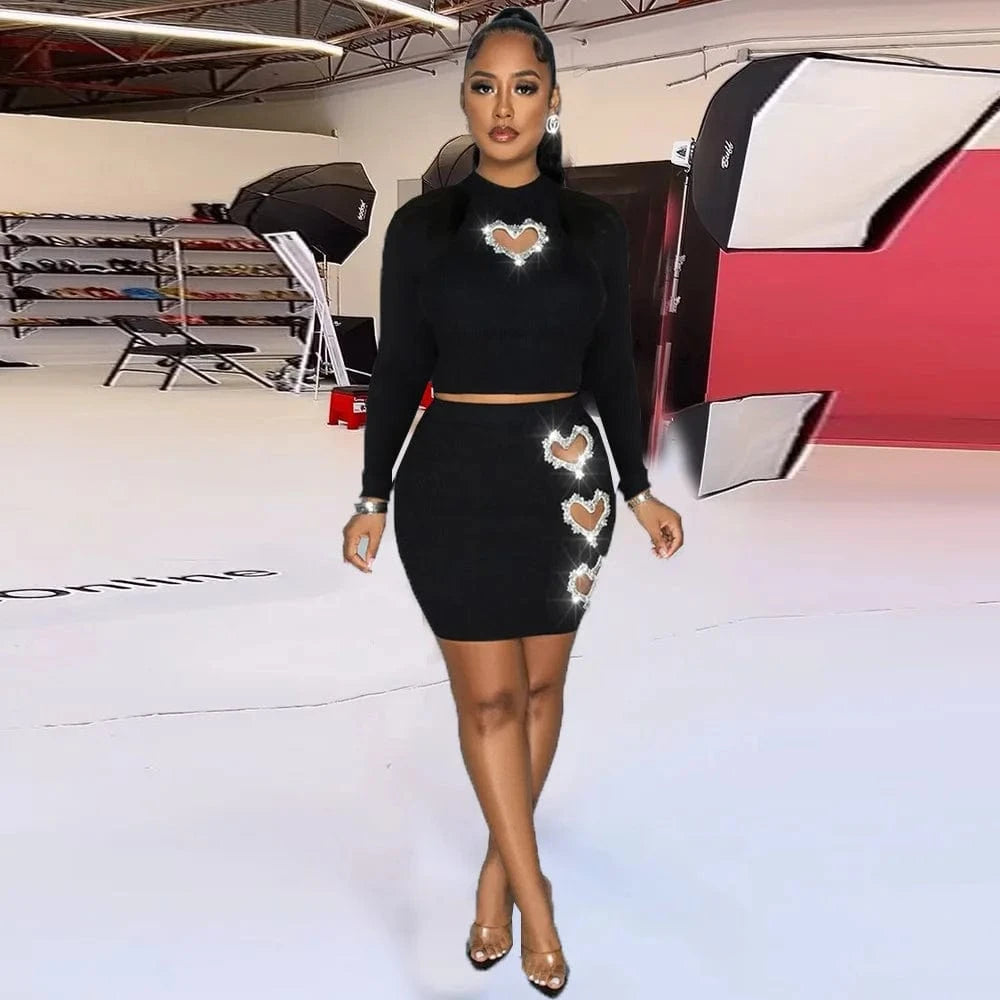 CUTENOVA 24ST010804 Hollow-Out Heart Shape Rhinestone Long Sleeve Crop Top Pencil Skirt Two Piece Skirt Set Women 2024