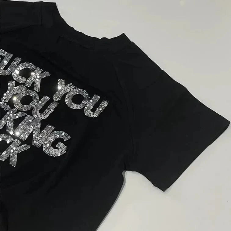 CUTENOVA 24TP011304 New 2024 Y2K Trendy Chic Sequined Fashion Tops For Women Crop Top Women's T-Shirts