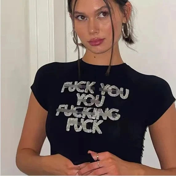 CUTENOVA 24TP011304 New 2024 Y2K Trendy Chic Sequined Fashion Tops For Women Crop Top Women's T-Shirts