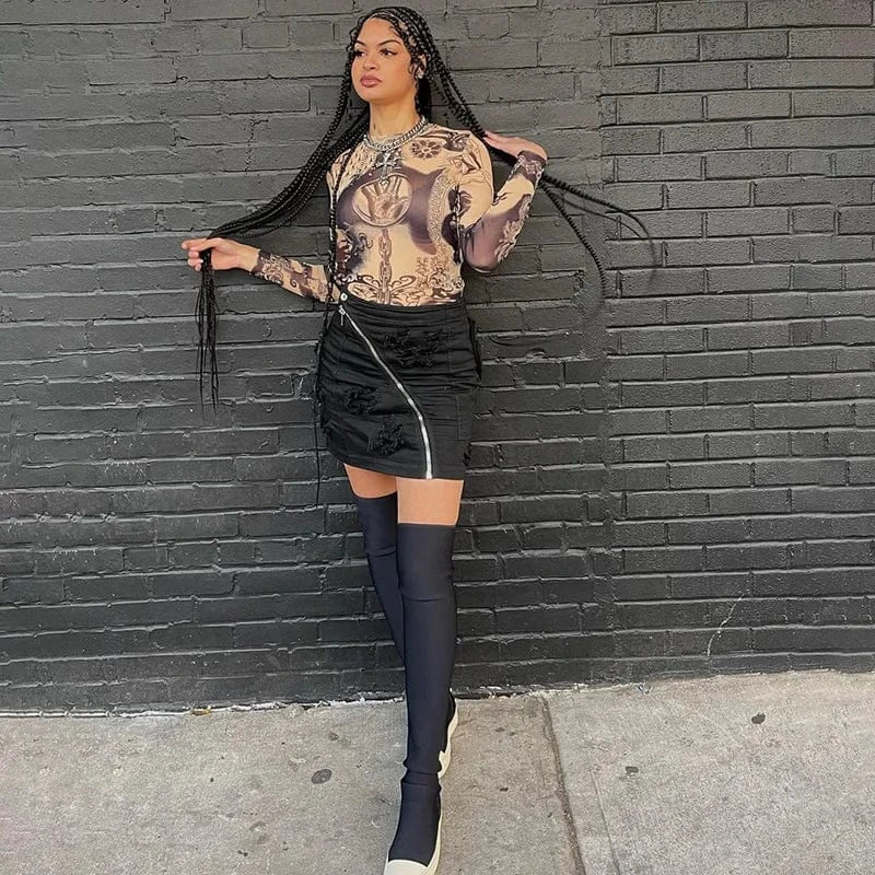 CUTENOVA 24TP012402 Printed Streetwear 2024 Fashionable Mesh T-shirt Fashionable Woman Tops