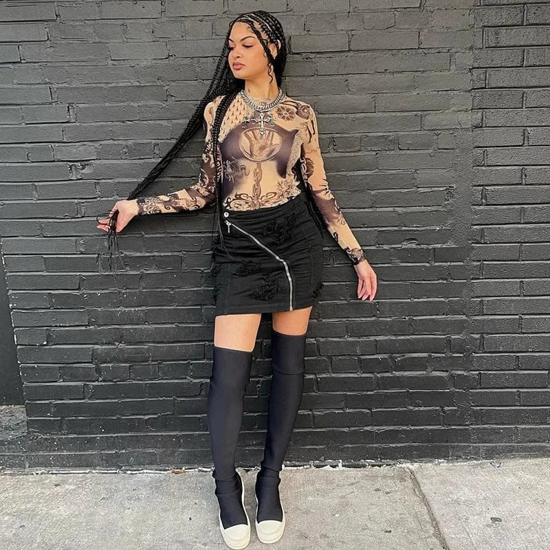 CUTENOVA 24TP012402 Printed Streetwear 2024 Fashionable Mesh T-shirt Fashionable Woman Tops