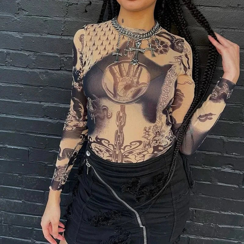 CUTENOVA 24TP012402 Printed Streetwear 2024 Fashionable Mesh T-shirt Fashionable Woman Tops