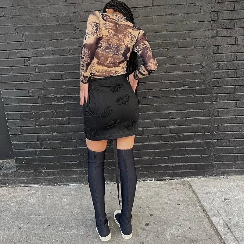 CUTENOVA 24TP012402 Printed Streetwear 2024 Fashionable Mesh T-shirt Fashionable Woman Tops