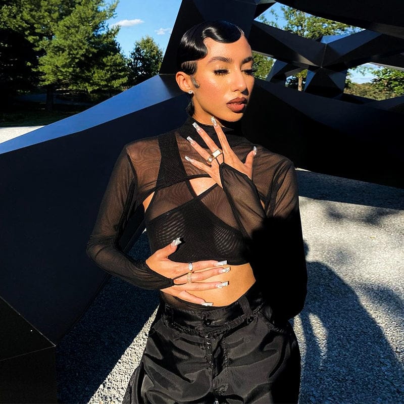 CUTENOVA J22BS182 2023 Summer Hollow Out Mesh Black Jumpsuit Long Sleeve Custom Bodysuit For Women