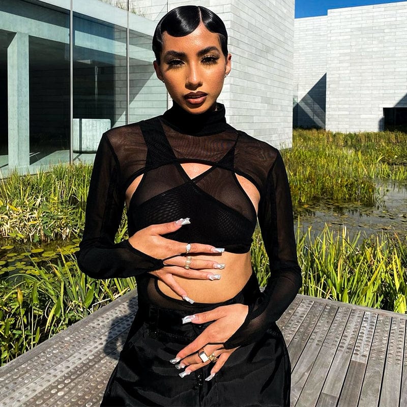 CUTENOVA J22BS182 2023 Summer Hollow Out Mesh Black Jumpsuit Long Sleeve Custom Bodysuit For Women