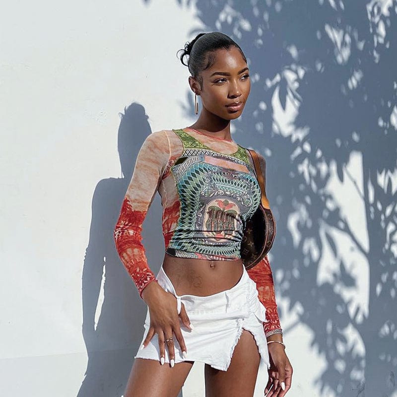 CUTENOVA K22TP406 Fall 2022 Women Clothes Long Sleeve Pattern Printing Crop Top Vintage T Shirt