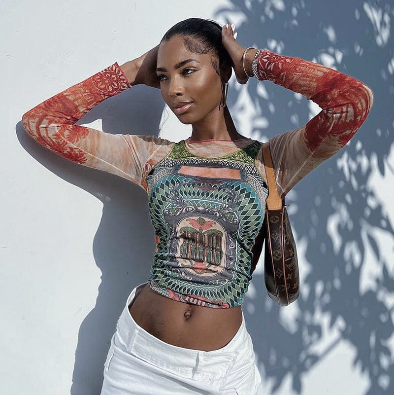 CUTENOVA K22TP406 Fall 2022 Women Clothes Long Sleeve Pattern Printing Crop Top Vintage T Shirt