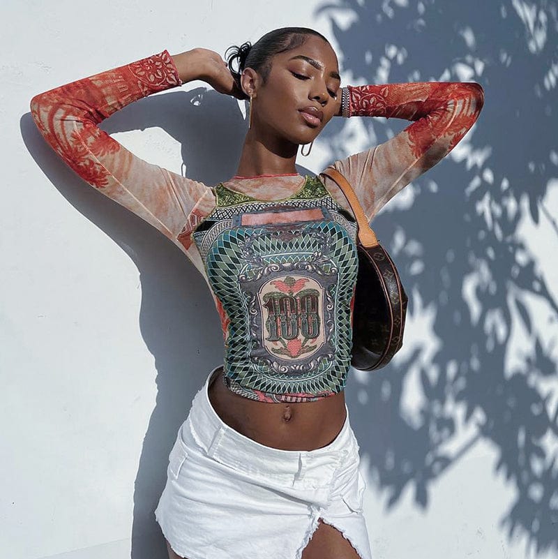 CUTENOVA K22TP406 Fall 2022 Women Clothes Long Sleeve Pattern Printing Crop Top Vintage T Shirt