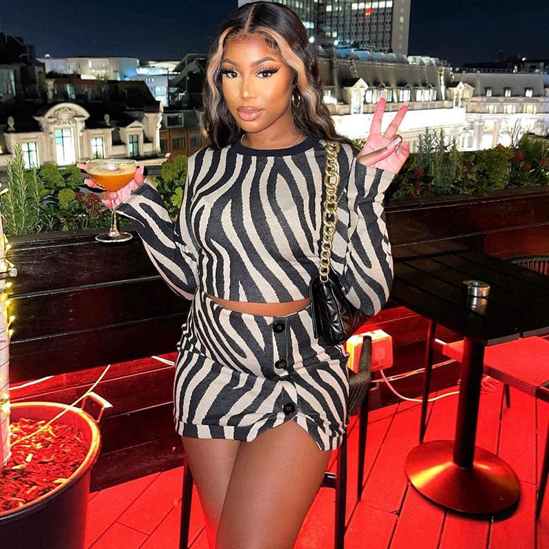 Cutenova L22ST169 zebra print outfits mini skirt 2 piece 2023 popular two piece sets for woman