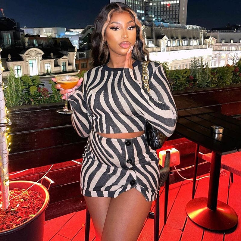 Cutenova L22ST169 zebra print outfits mini skirt 2 piece 2023 popular two piece sets for woman