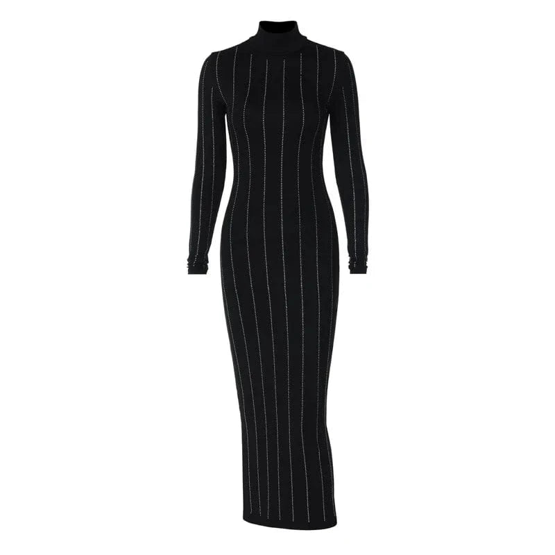CUTENOVA MY23DS12261 Rhinestone Slimming Turtleneck Long Sleeve Dresses Women Lady Elegant Prom Long Dresses Women