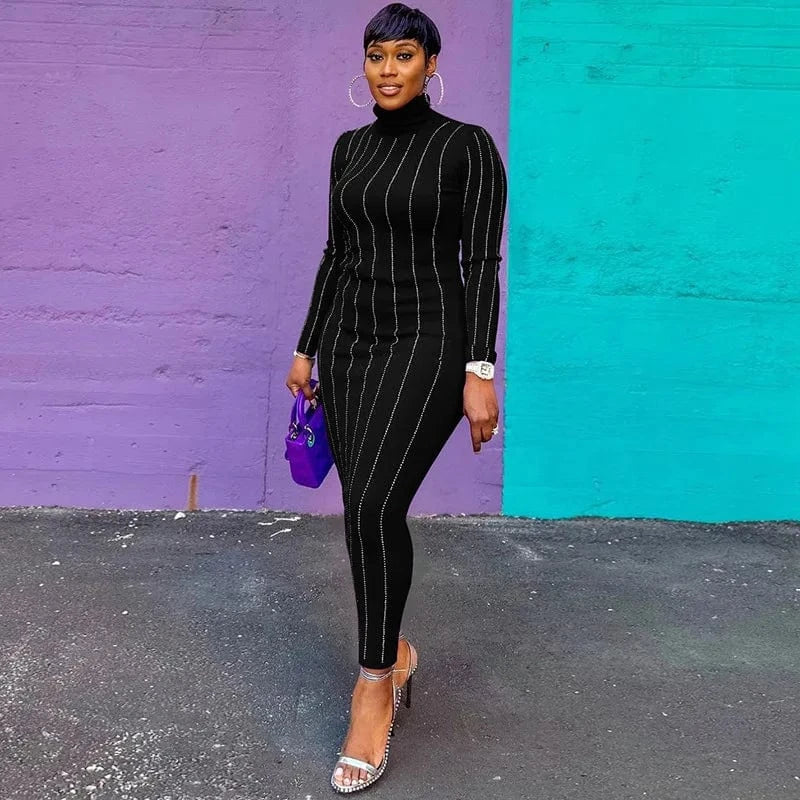 CUTENOVA MY23DS12261 Rhinestone Slimming Turtleneck Long Sleeve Dresses Women Lady Elegant Prom Long Dresses Women