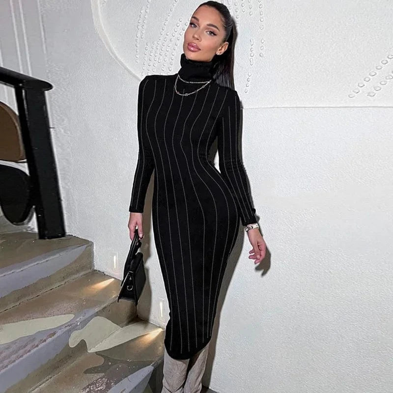 CUTENOVA MY23DS12261 Rhinestone Slimming Turtleneck Long Sleeve Dresses Women Lady Elegant Prom Long Dresses Women