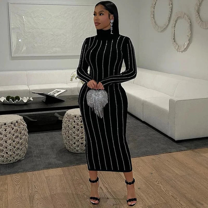 CUTENOVA MY23DS12261 Rhinestone Slimming Turtleneck Long Sleeve Dresses Women Lady Elegant Prom Long Dresses Women