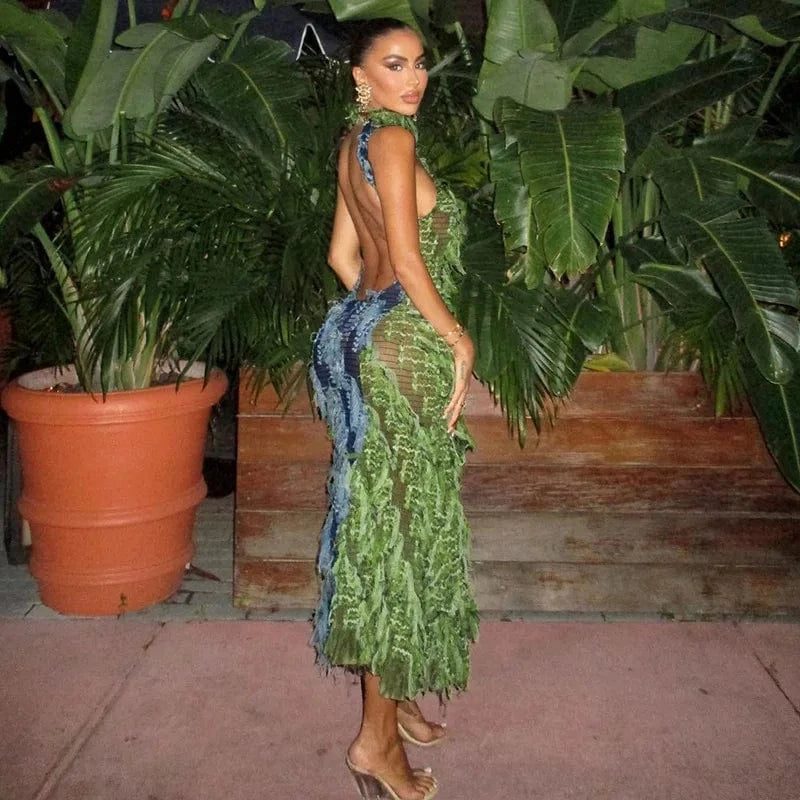 Cutenova MY23DS1227 2024 New Sleeveless Sexy Backless Tassel High Waist Slim Bodycon Long Dresses Women