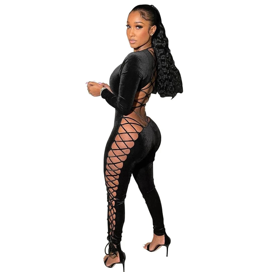 CUTENOVA MY23JP1226 New Sexy Velvet Hollow Strap High Waist Tight Fitting Bodycon Jumpsuit Women 2024