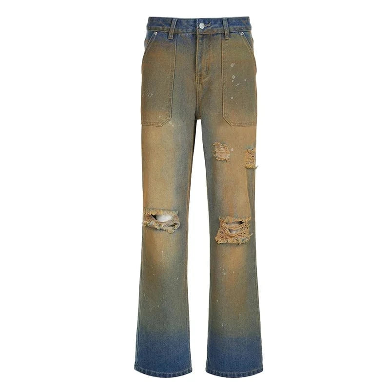 Cutenova MY23PT1226 Denim Distressed Vintage Gradient High Waist Jeans Cargo  Pants For Women Streetwear Jeans with holes