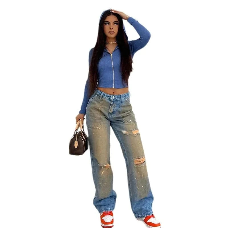 Cutenova MY23PT1226 Denim Distressed Vintage Gradient High Waist Jeans Cargo  Pants For Women Streetwear Jeans with holes