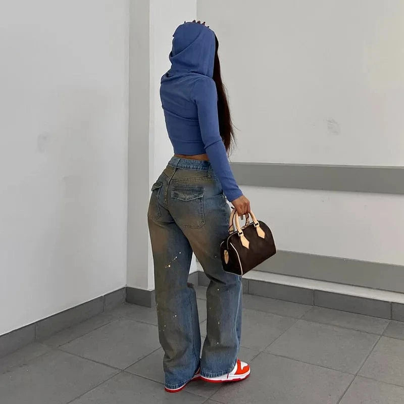 Cutenova MY23PT1226 Denim Distressed Vintage Gradient High Waist Jeans Cargo  Pants For Women Streetwear Jeans with holes