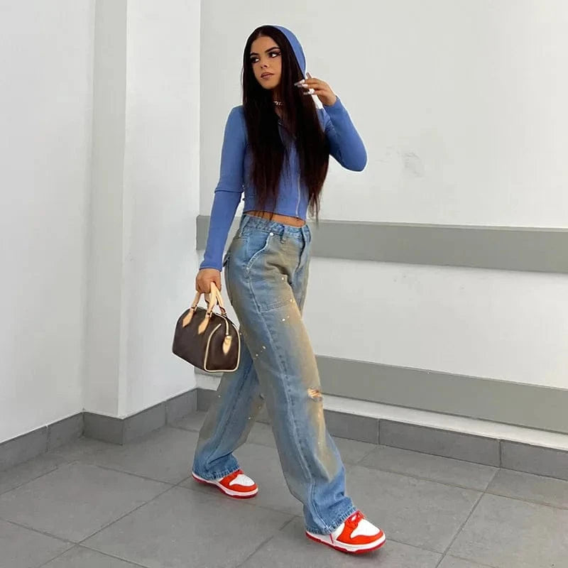 Cutenova MY23PT1226 Denim Distressed Vintage Gradient High Waist Jeans Cargo  Pants For Women Streetwear Jeans with holes