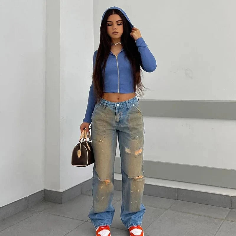 Cutenova MY23PT1226 Denim Distressed Vintage Gradient High Waist Jeans Cargo  Pants For Women Streetwear Jeans with holes