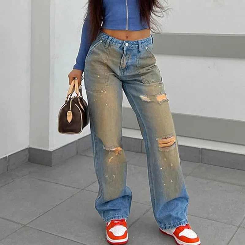 Cutenova MY23PT1226 Denim Distressed Vintage Gradient High Waist Jeans Cargo  Pants For Women Streetwear Jeans with holes