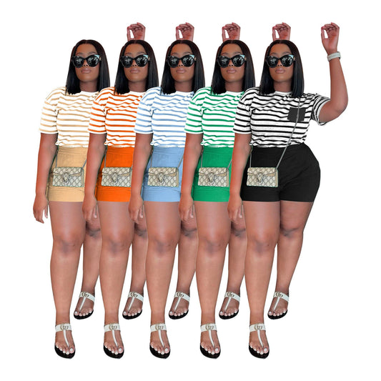 Cutenova MY23ST065 2023 New Striped Casual 2 Piece Set Women Plus Size Women's Shorts Sets