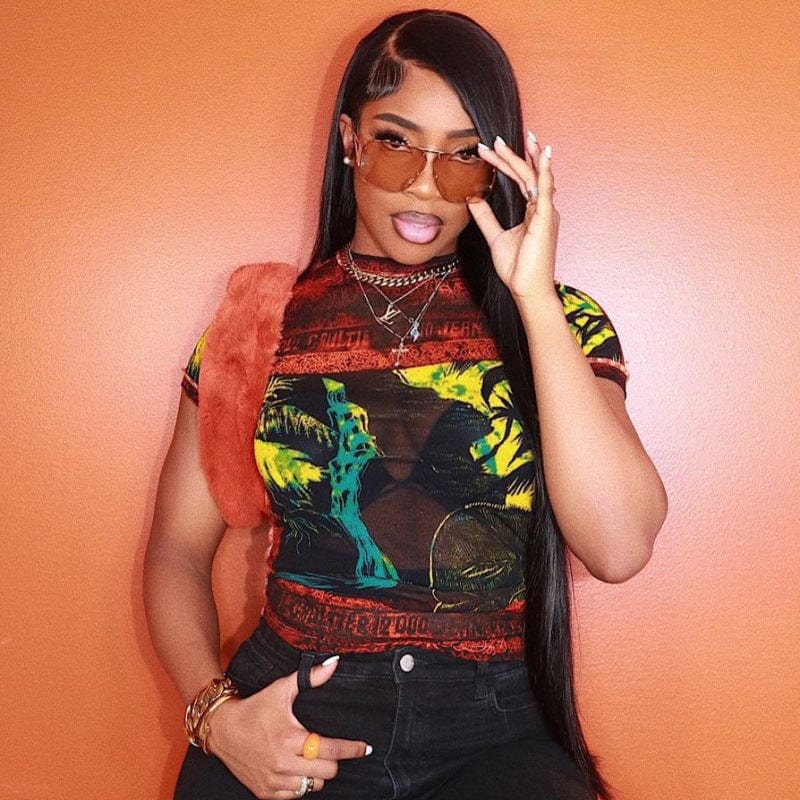 CUTENOVA MY23TP912 Y2K Chic Streetwear Mesh See Throught Girls New Cool Casual Graphic T Shirts Women Crop Top