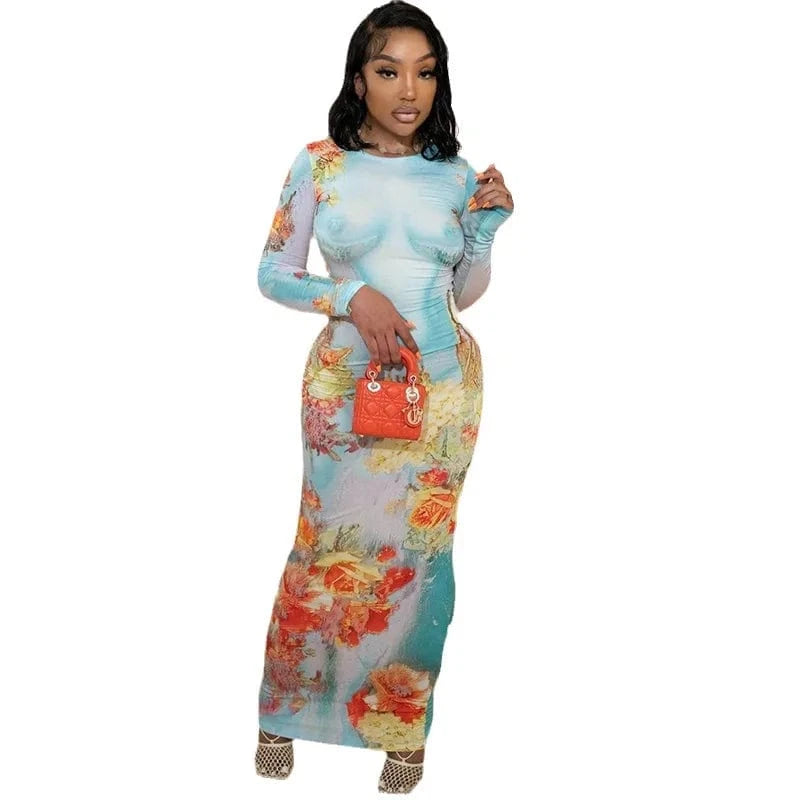 CuteNOVA MY24DS131 Sexy Flower  Body Print Bodycon Outfits Women Lady Elegant Maxi  Dress
