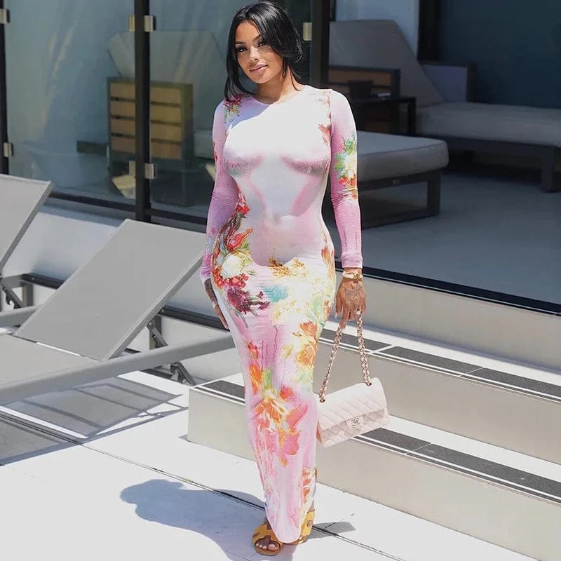 CuteNOVA MY24DS131 Sexy Flower  Body Print Bodycon Outfits Women Lady Elegant Maxi  Dress